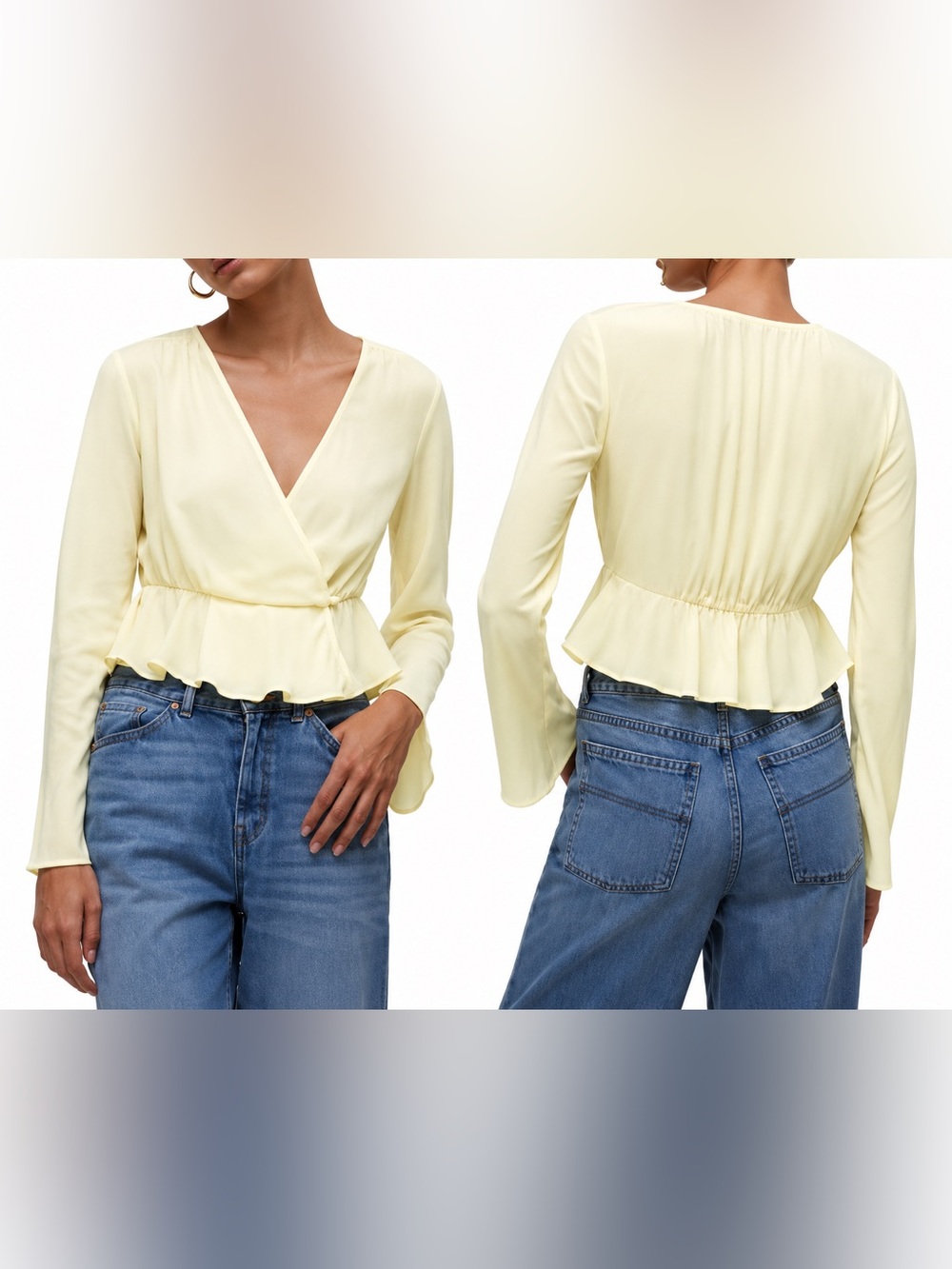 NWT Madewell Pale Yellow V-Neck Bell Sleeve Wrap Long Sleeve Top-Size 8